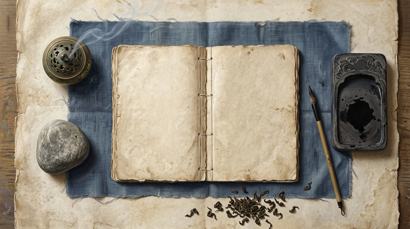 An overhead flat-lay of an open antique thread-bound book with a calligraphy brush, stone ink slab, a river pebble and a small bronze incense burner with rising smoke on aged silk