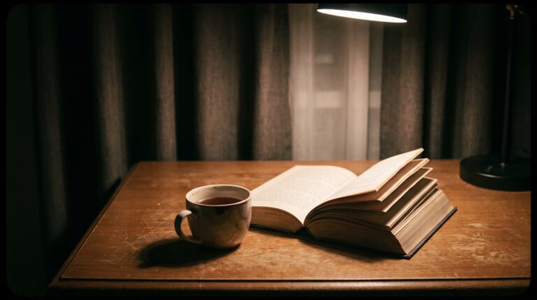 A worn hardcover book lying open beside a mug of tea in evening lamplight, for Lord of the Rings quotes