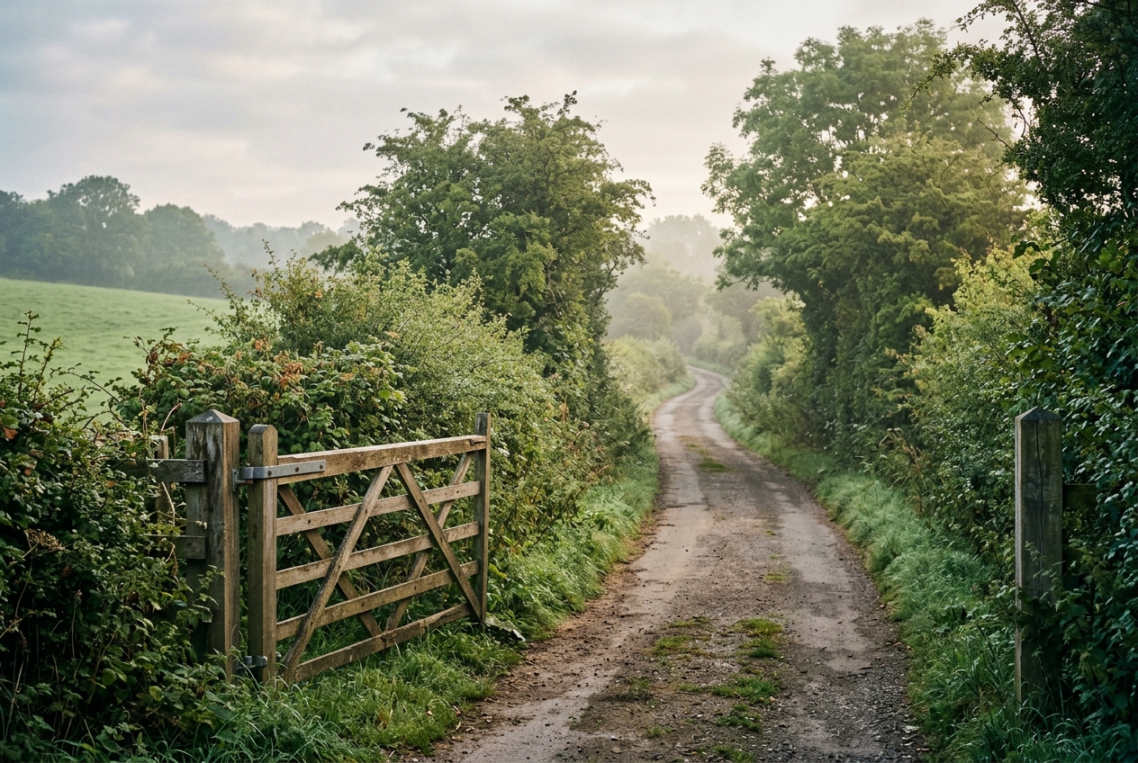A narrow country lane curving away from a wooden garden gate at early morning, for Lord of the Rings quotes
