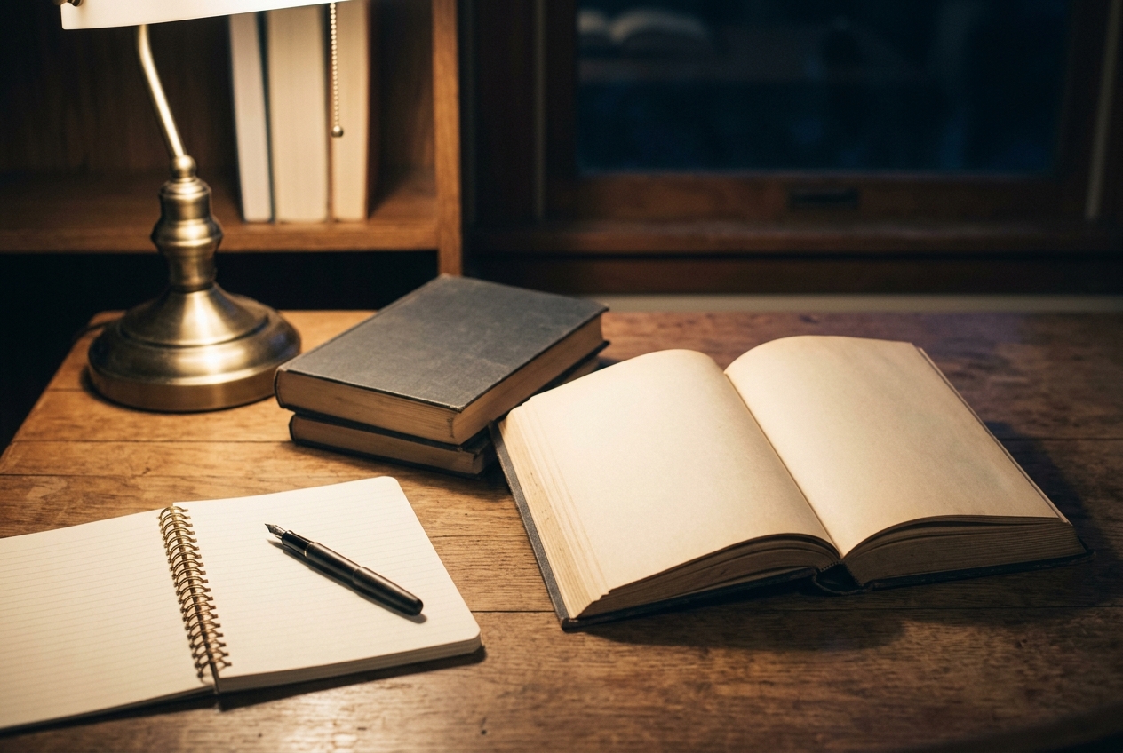 An open hardcover beside a notebook and a second closed volume under a desk lamp, for Lord of the Rings quotes
