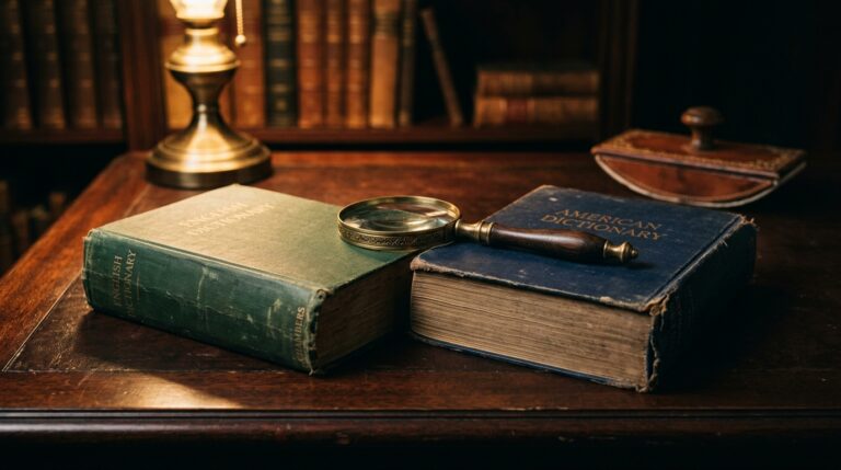Two old hardback dictionaries side by side on a desk with a brass magnifying glass resting across them