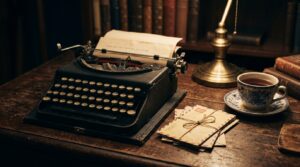 A vintage typewriter beside a stack of old transatlantic airmail envelopes under warm lamplight this is used for two countries separated by a common language post