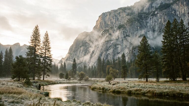 A granite valley in a US national park at dawn, with a river, pines and a sheer cliff in lifting mist, for national park quotes
