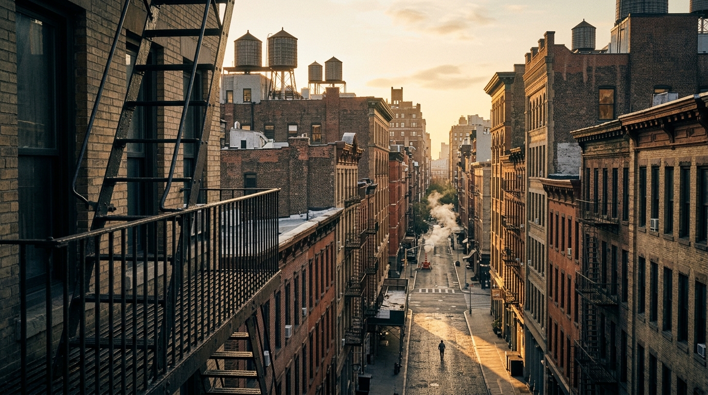 A Manhattan street at sunrise seen from a fire escape, with water towers on the rooftops and steam rising from a vent