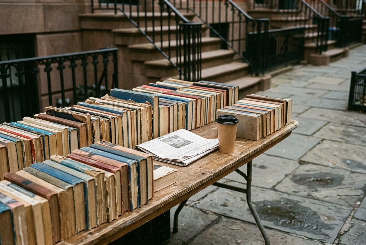 A second-hand book table on a Greenwich Village pavement beside a brownstone stoop, for New York quotes