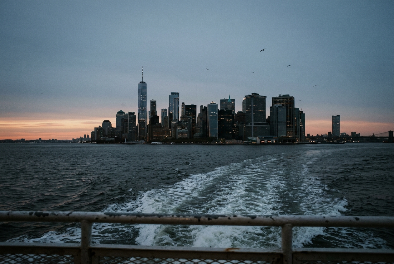 The lower Manhattan skyline at dusk seen from a harbour ferry rail over dark water, for New York quotes