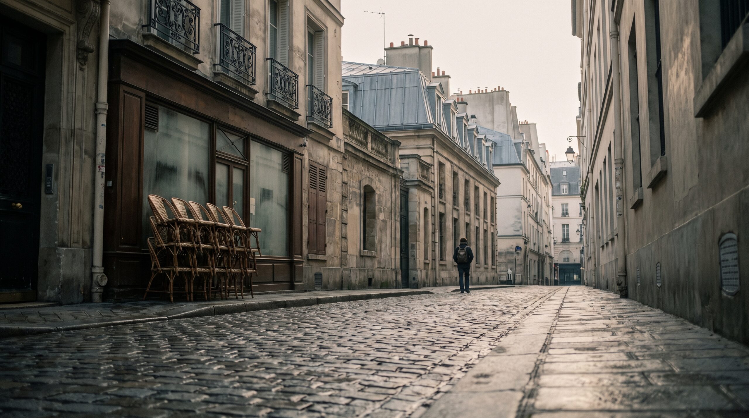 A quiet Paris side street at morning with wet cobbles, shuttered windows and a closed cafe, for Paris quotes