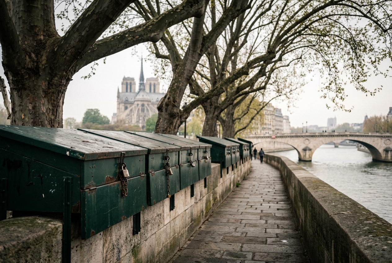 Closed green bouquiniste book boxes on a Seine quai under plane trees in the morning, for Paris quotes