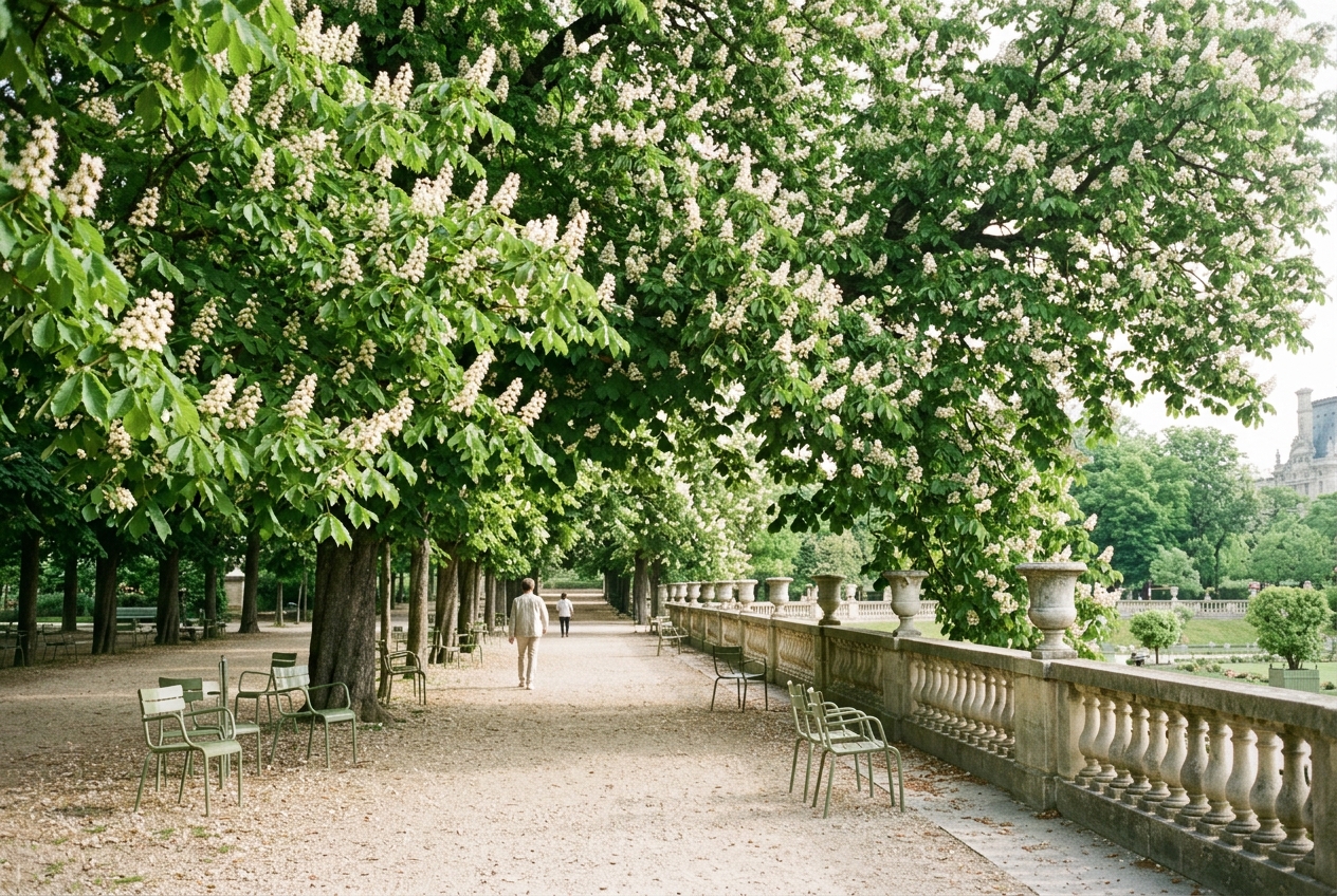 Horse-chestnut trees in bloom over green chairs in the Luxembourg Gardens on a spring morning, for Paris quotes