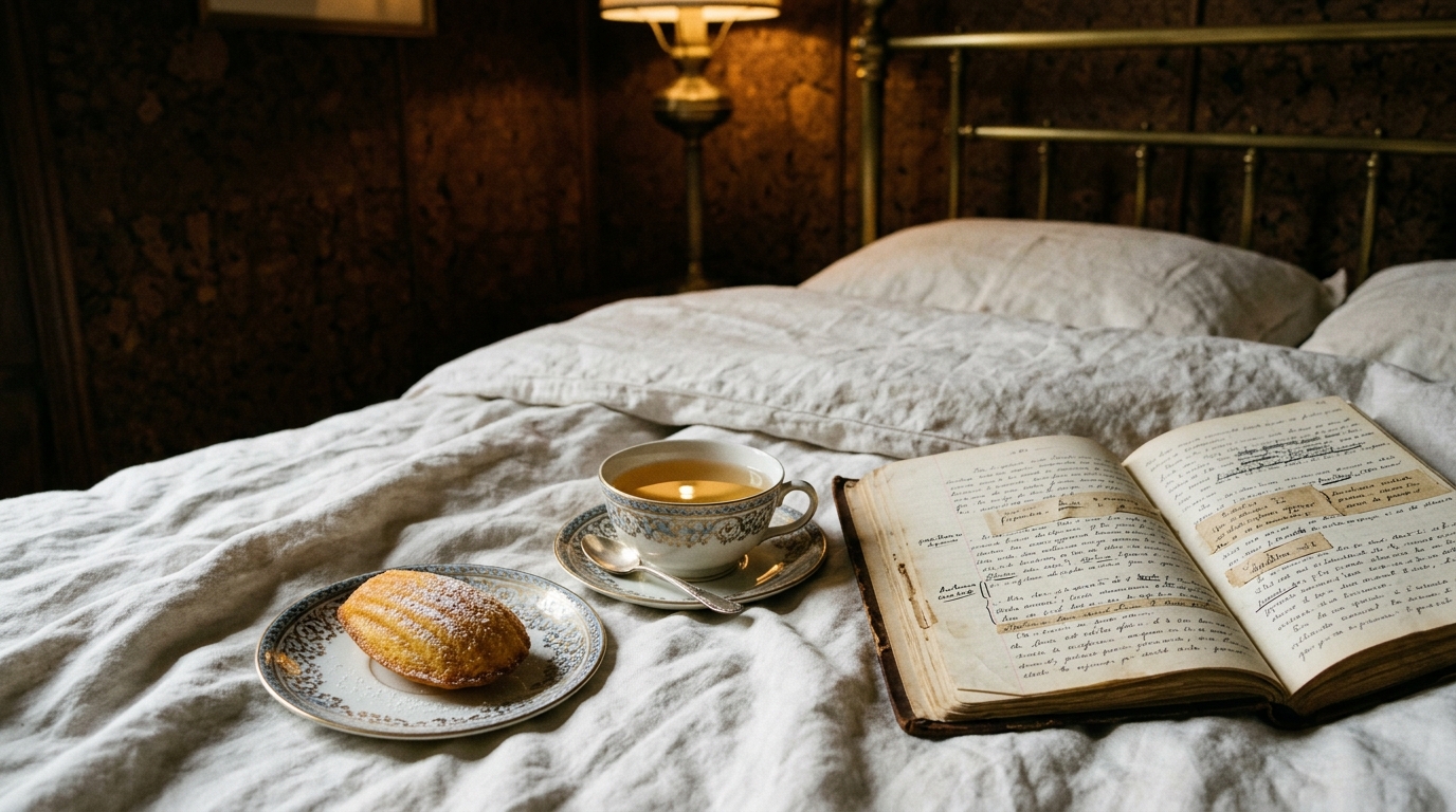 Madeleine on a porcelain saucer beside lime-blossom tea and a manuscript notebook on a brass bed in lamplight