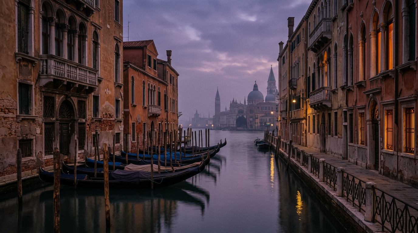 Quiet Venice canal at dusk around 1900 with moored gondolas and palazzo walls reflecting warm window light for Marcel Proust travel quotes