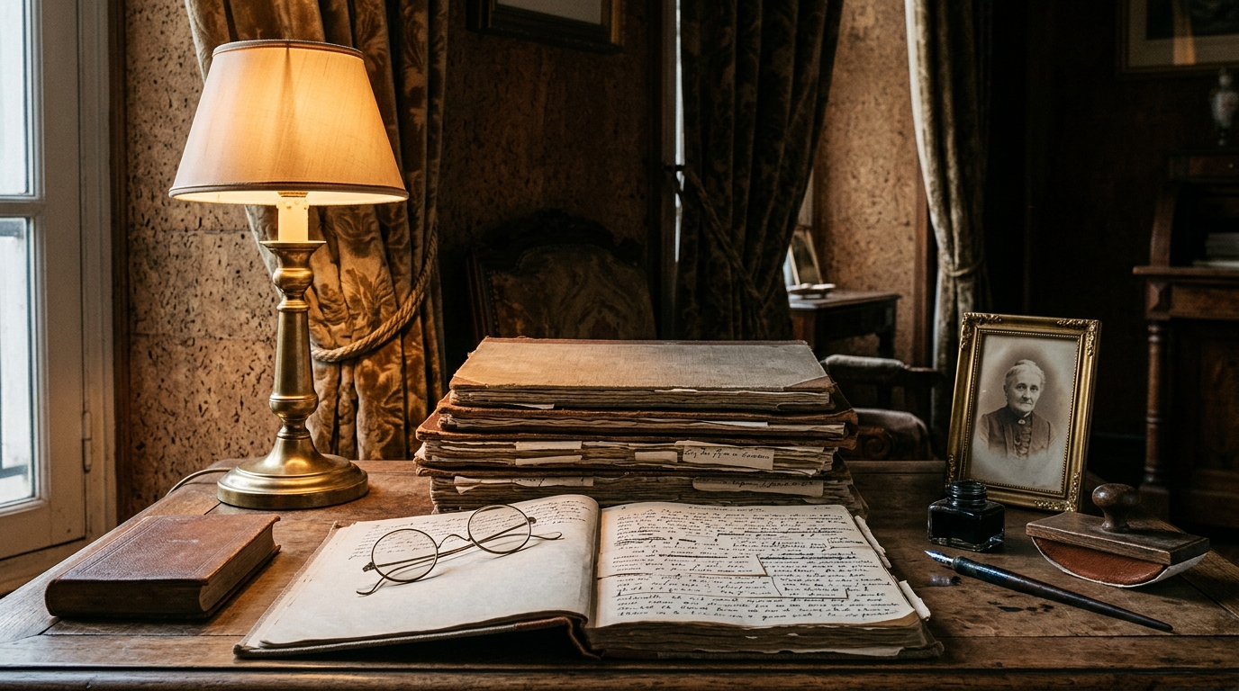 Manuscript notebooks with pasted revisions beside a brass lamp and round spectacles in a cork-panelled Belle Epoque bedroom for Marcel Proust travel quotes