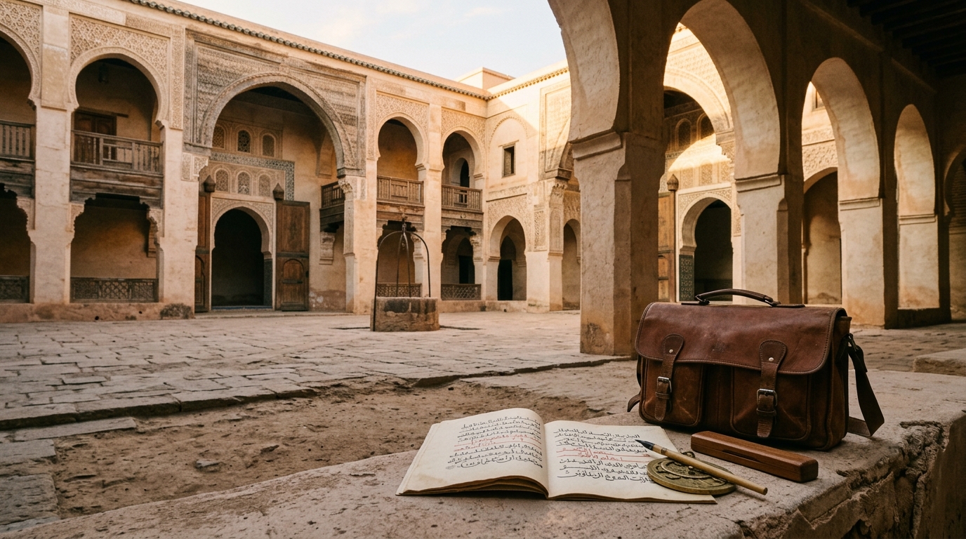 Worn leather satchel and handwritten Arabic manuscript beside a brass astrolabe in a stone caravanserai courtyard at first light