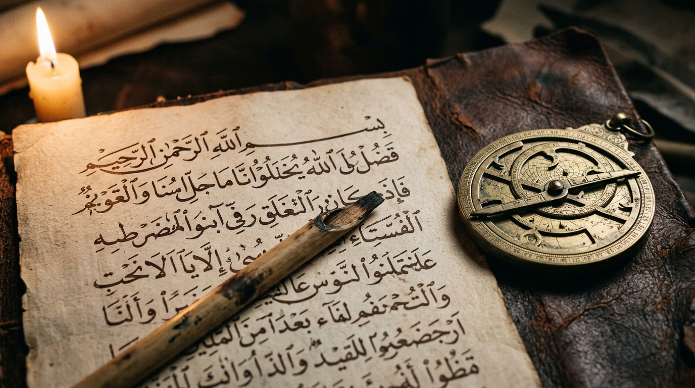 Handwritten Arabic manuscript with reed pen and brass astrolabe on worn leather in warm candlelight