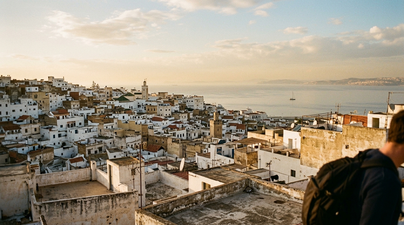Rooftops of the Tangier medina descending toward the Strait of Gibraltar at golden hour for ibn battuta travel quotes