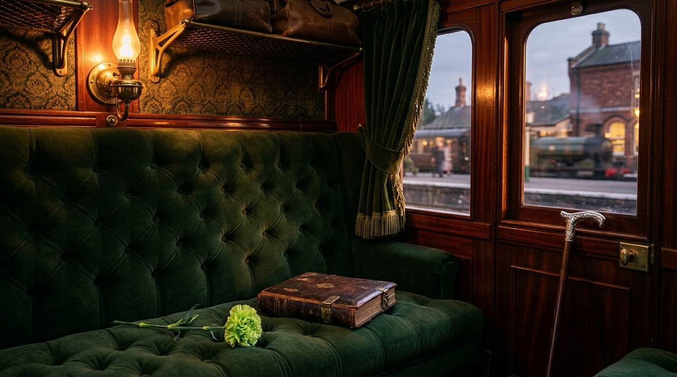 Leather-bound diary and a green carnation on the plush seat of a Victorian railway carriage in warm gaslight