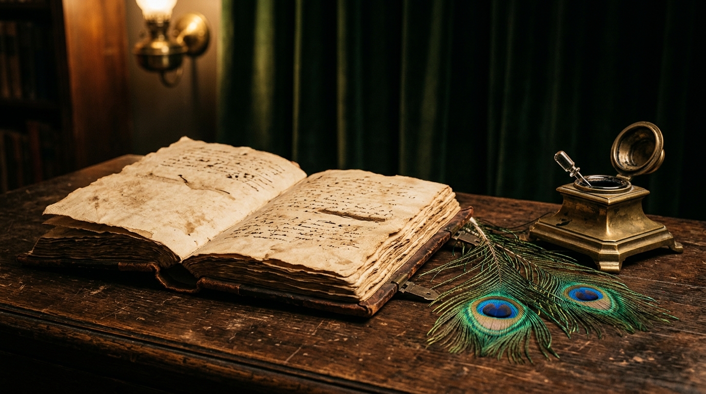 Open book of quotations beside peacock feathers and a brass inkwell in a gaslit Victorian study for oscar wilde travel quotes