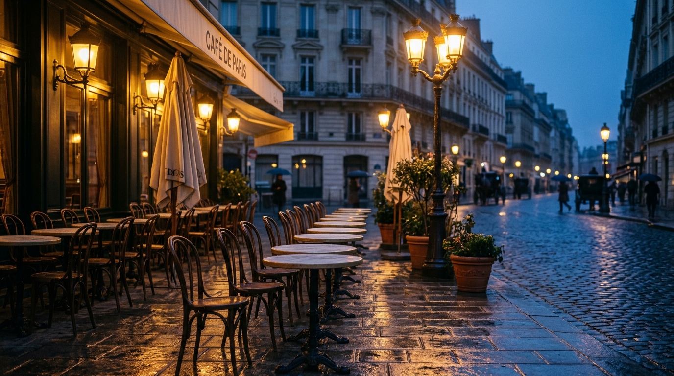 Paris cafe terrace at dusk in the 1890s with marble tables and glowing gas lamps