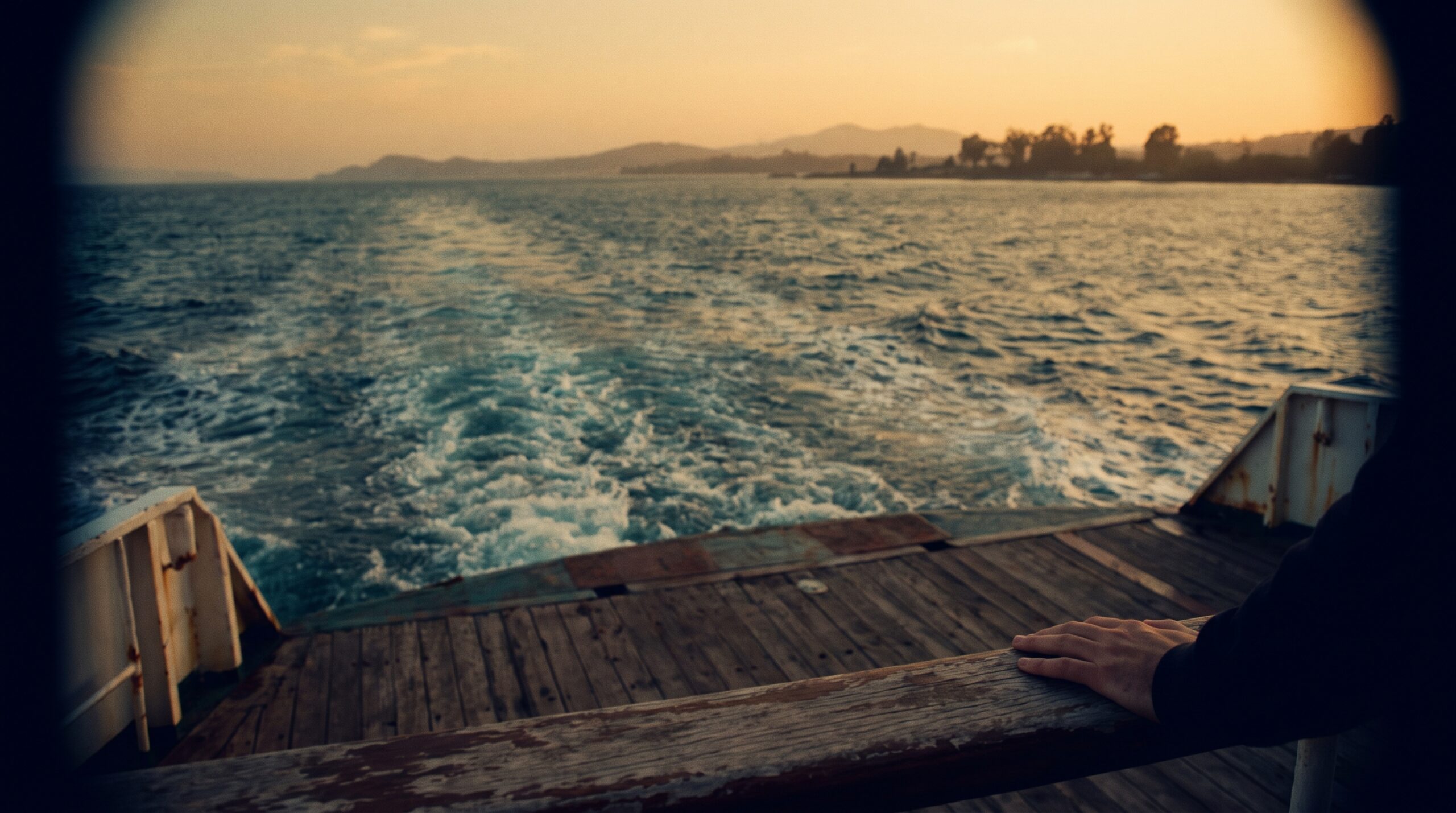 Coastline fading behind the wake of a departing ship at golden hour, for the Gide lose sight of the shore quote