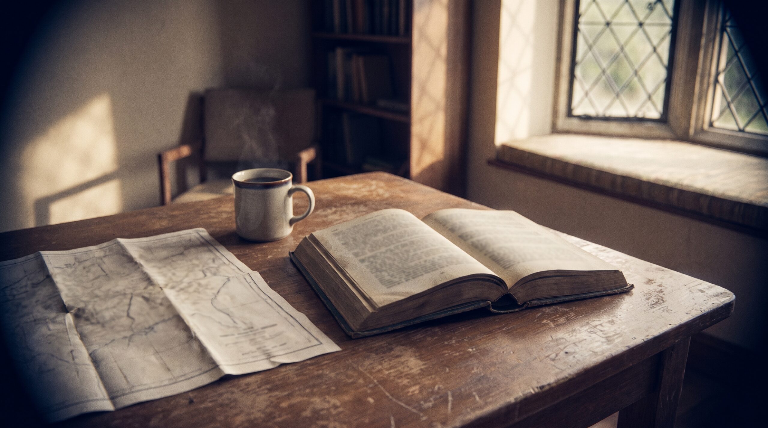 A worn hardback open on a table beside a folded map and a cup of tea, for the not all those who wander are lost quote