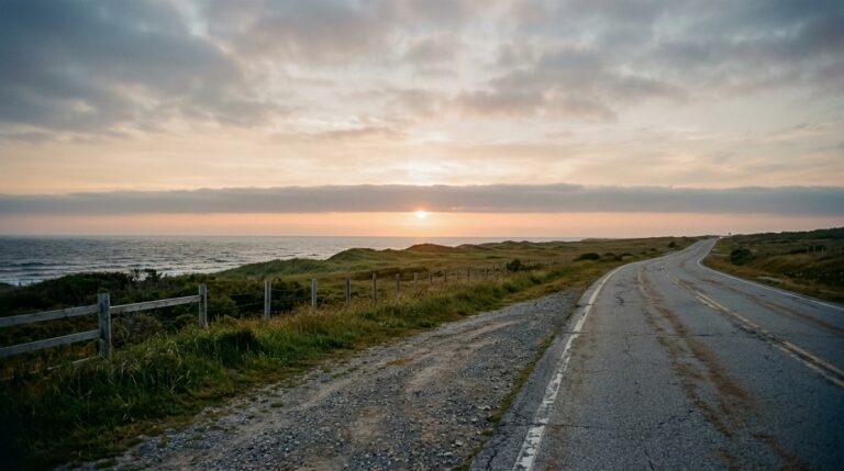 Muted orange sunset behind low cloud over an empty two-lane coast road, seen from the gravel verge