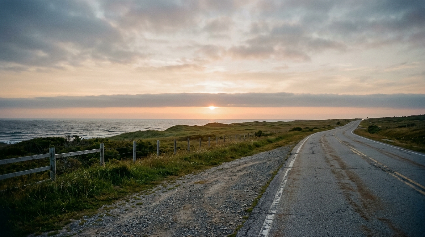 Muted orange sunset behind low cloud over an empty two-lane coast road, seen from the gravel verge