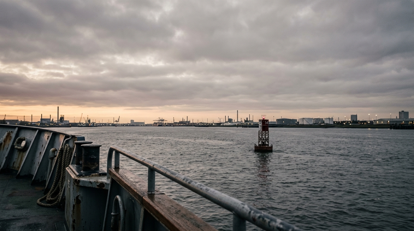 A wide grey harbour at sundown seen from a ferry rail, channel marker in the middle distance, for travel sunset quotes