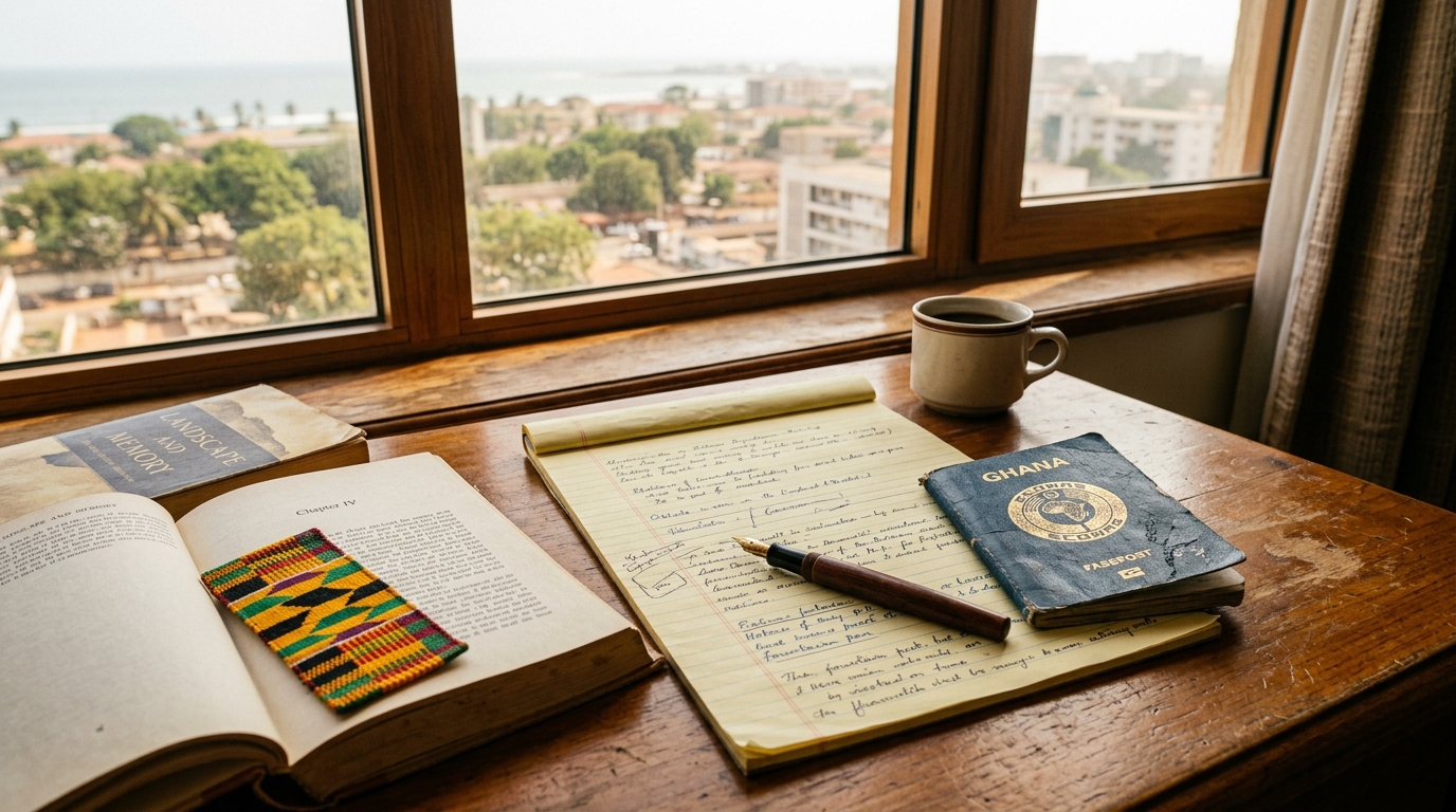 Yellow legal pad, fountain pen and worn passport on a wooden desk in warm morning light
