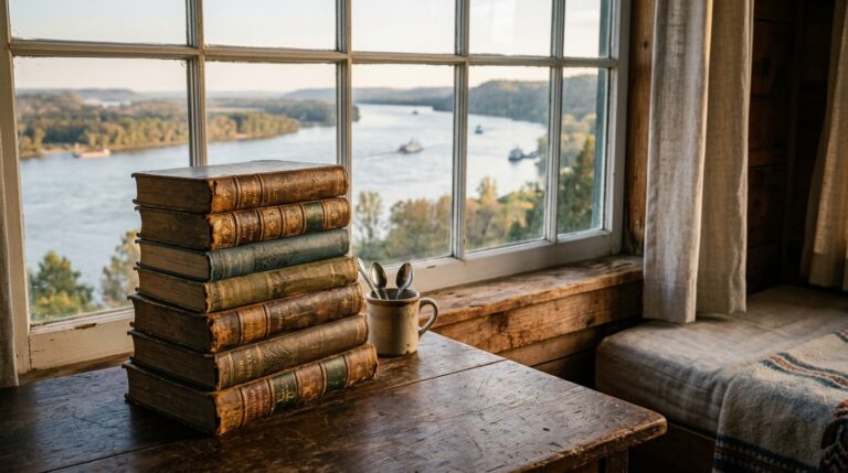 A stack of weathered Mark Twain hardback books on a wooden table beside a window, warm late afternoon light over a river