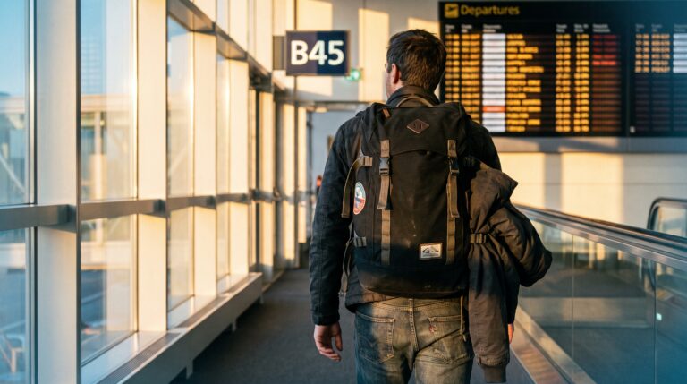 Traveller carrying a 40L carry-on travel backpack through an airport at golden hour