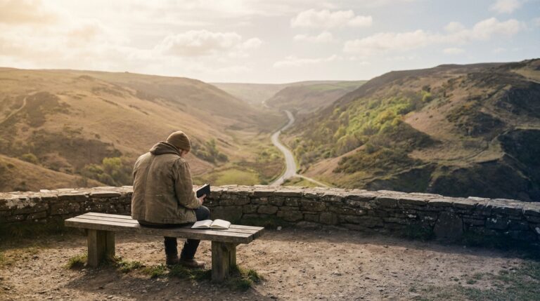 Traveller with journal at scenic viewpoint, golden hour light, wide landscape