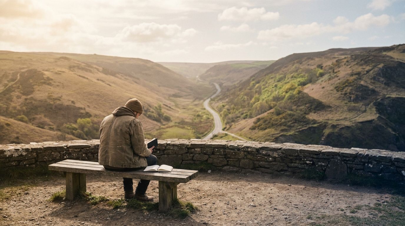 Traveller with journal at scenic viewpoint, golden hour light, wide landscape