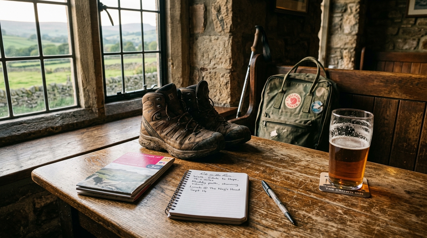 weathered walking boots and a folded map on a pub table beside a notebook, English countryside through the window for Bill Bryson travel quotes