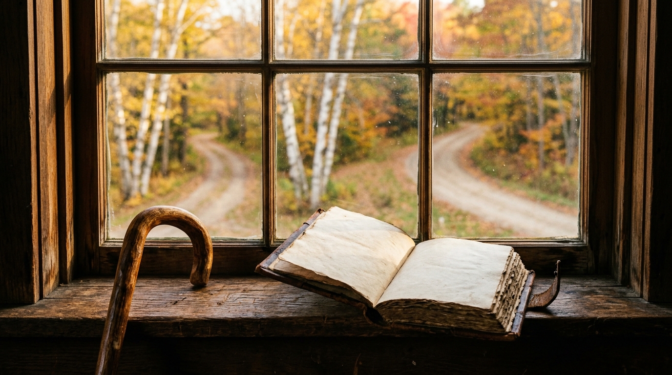 Worn leather poetry book open on a farmhouse window seat with a walking stick and autumn birch paths beyond the glass
