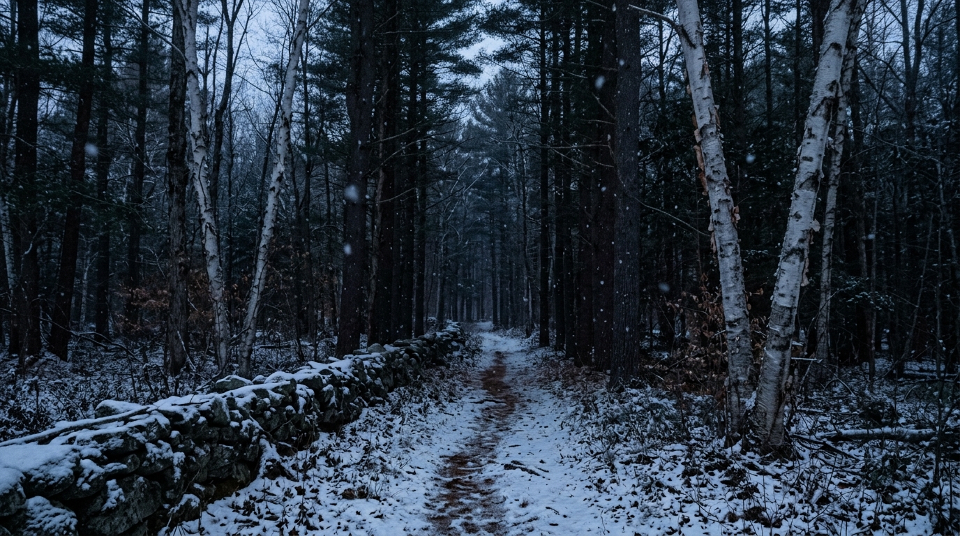 Snow settling on a quiet New England woods path between dark pines and birches at dusk robert frost travel quotes