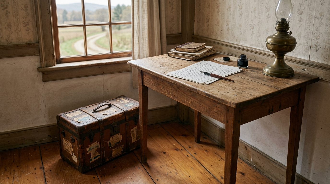 Farmhouse writing desk with handwritten manuscript pages, an oil lamp and a steamer trunk with shipping labels by a window