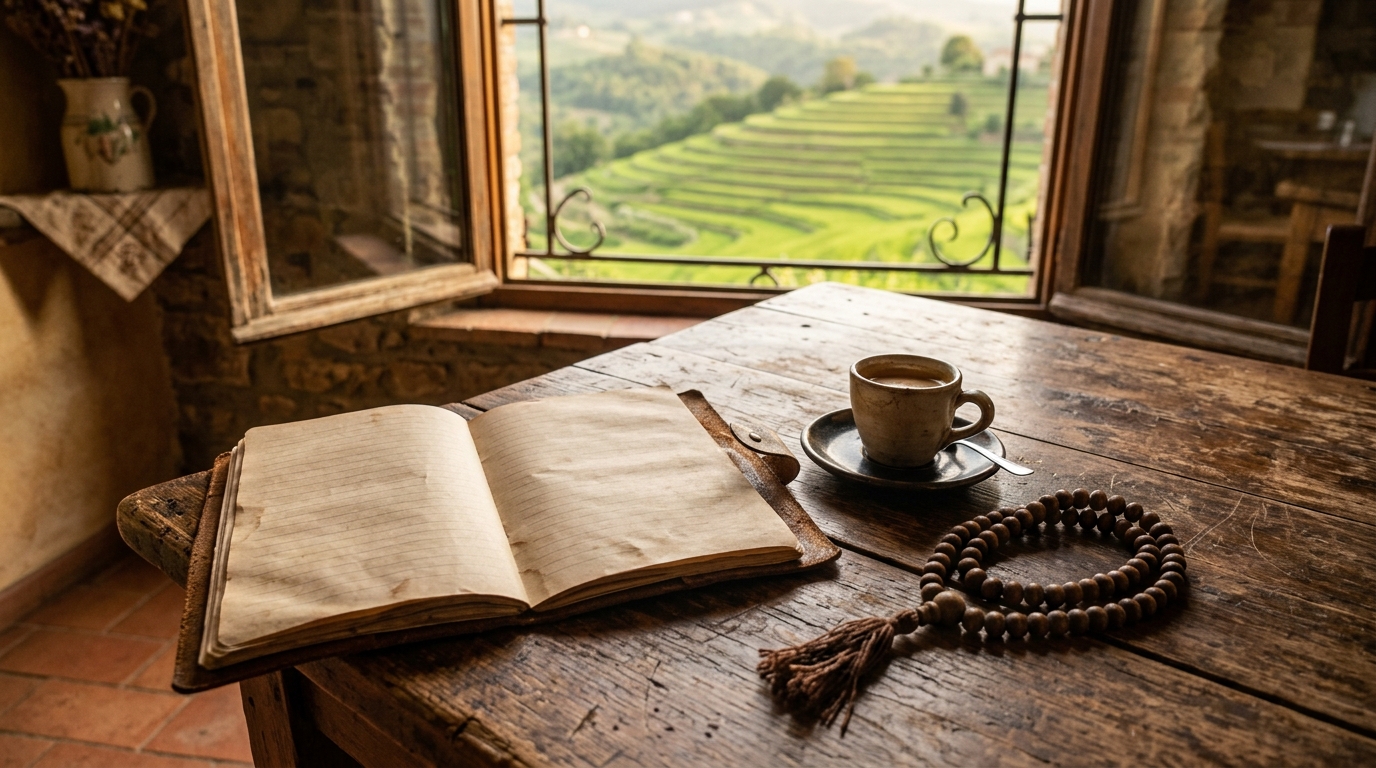 Open travel journal beside an espresso cup and mala beads on a sunlit trattoria table with green rice terraces beyond the window