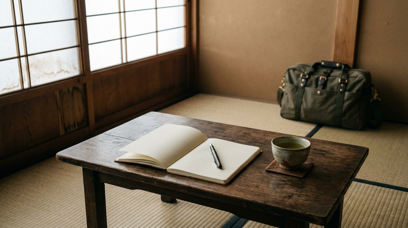 Open notebook and green tea on a low wooden table beside a paper-screen window in soft grey morning light