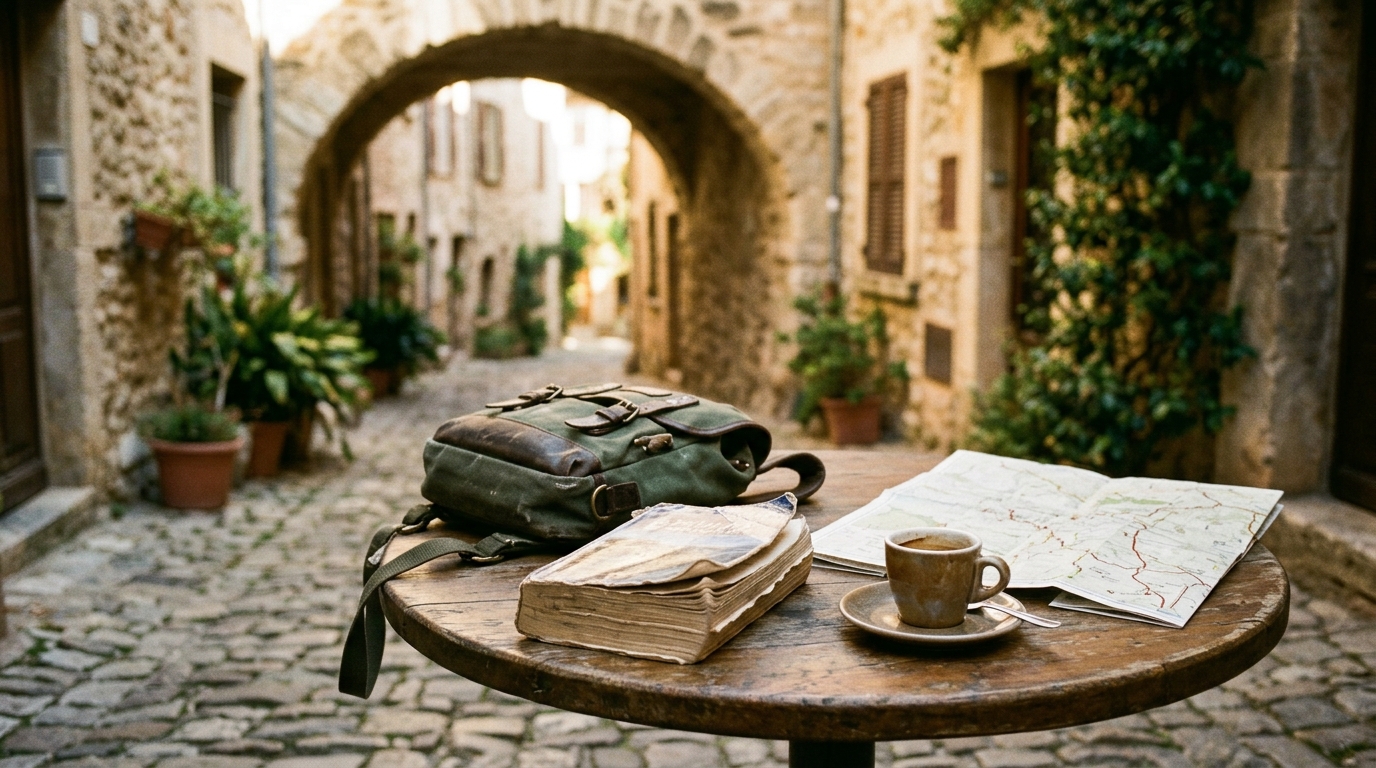 Daypack, guidebook and folded map on a cafe table beside a cobblestone lane in morning light
