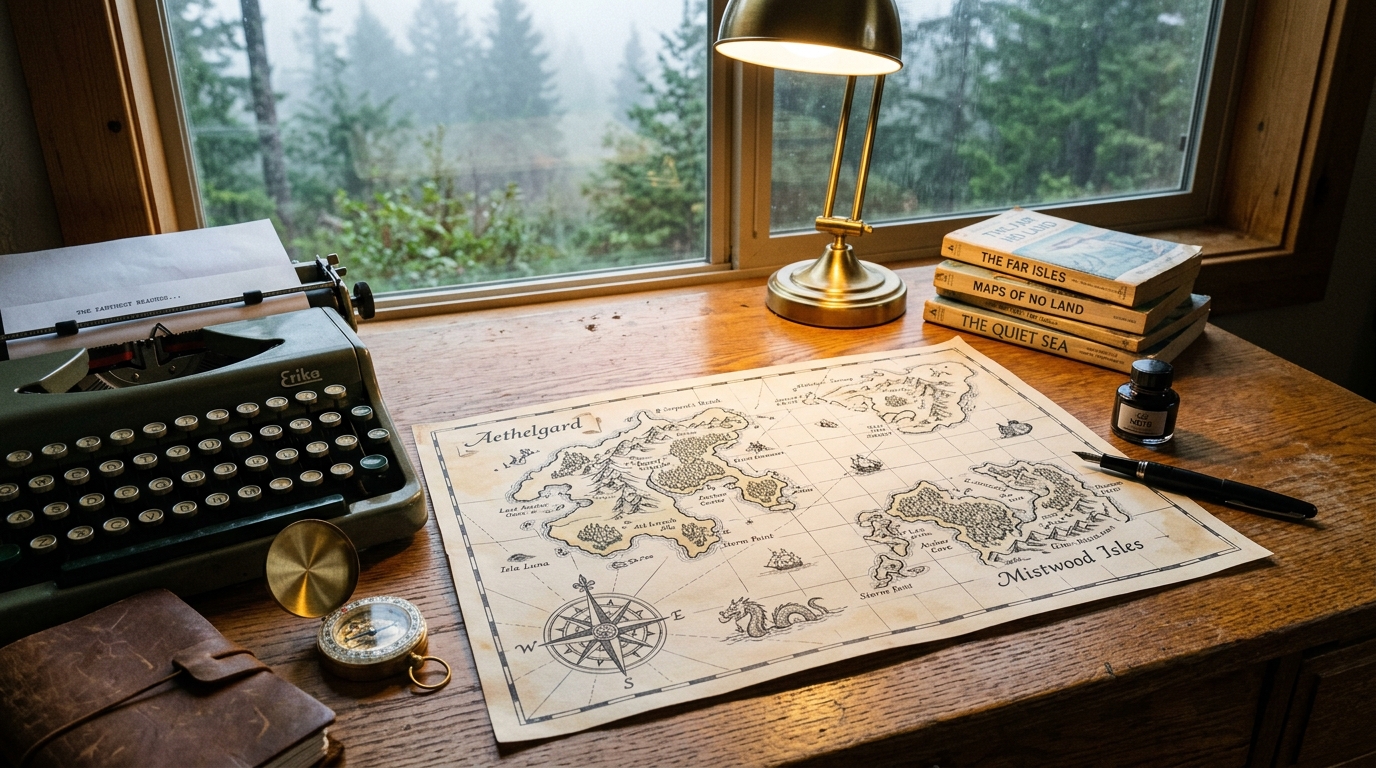 Hand-drawn map of an island archipelago on a wooden desk beside a typewriter and compass in soft lamplight