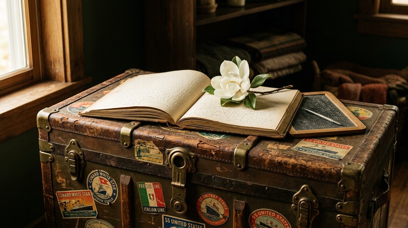 Open braille book and white magnolia blossom resting on a vintage steamer trunk covered in ocean liner luggage labels in warm window light