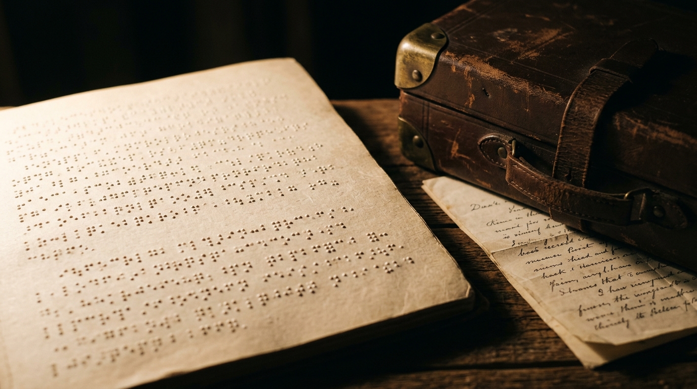 Braille page beside a brass cornered travel case and folded handwritten letter under warm lamplight helen keller travel quotes