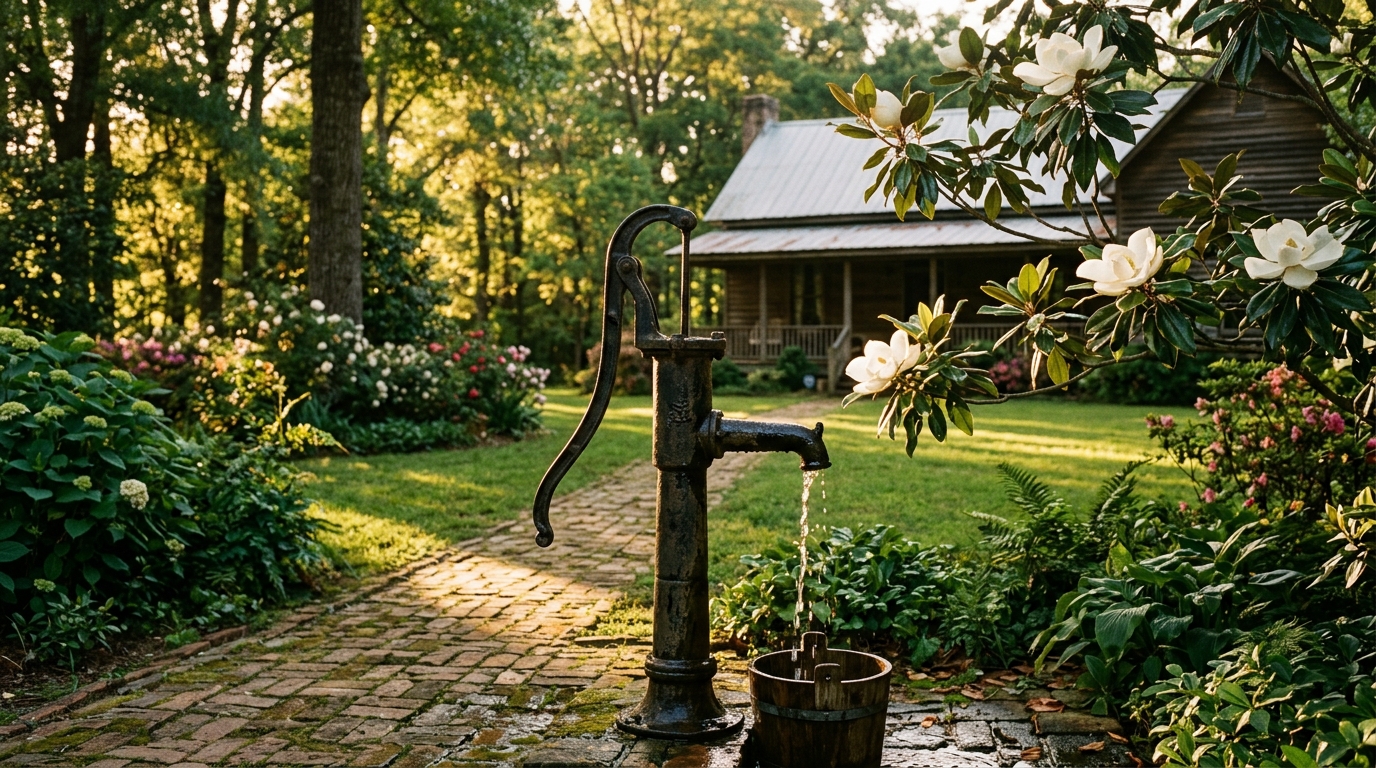 Cast iron water pump in a southern garden with white magnolia blossoms at golden hour