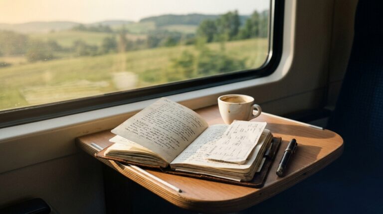 Open notebook, fountain pen, espresso cup and folded boarding pass on a train tray-table at golden hour, blurred landscape outside the window — the visual register of a long travel-writing career.