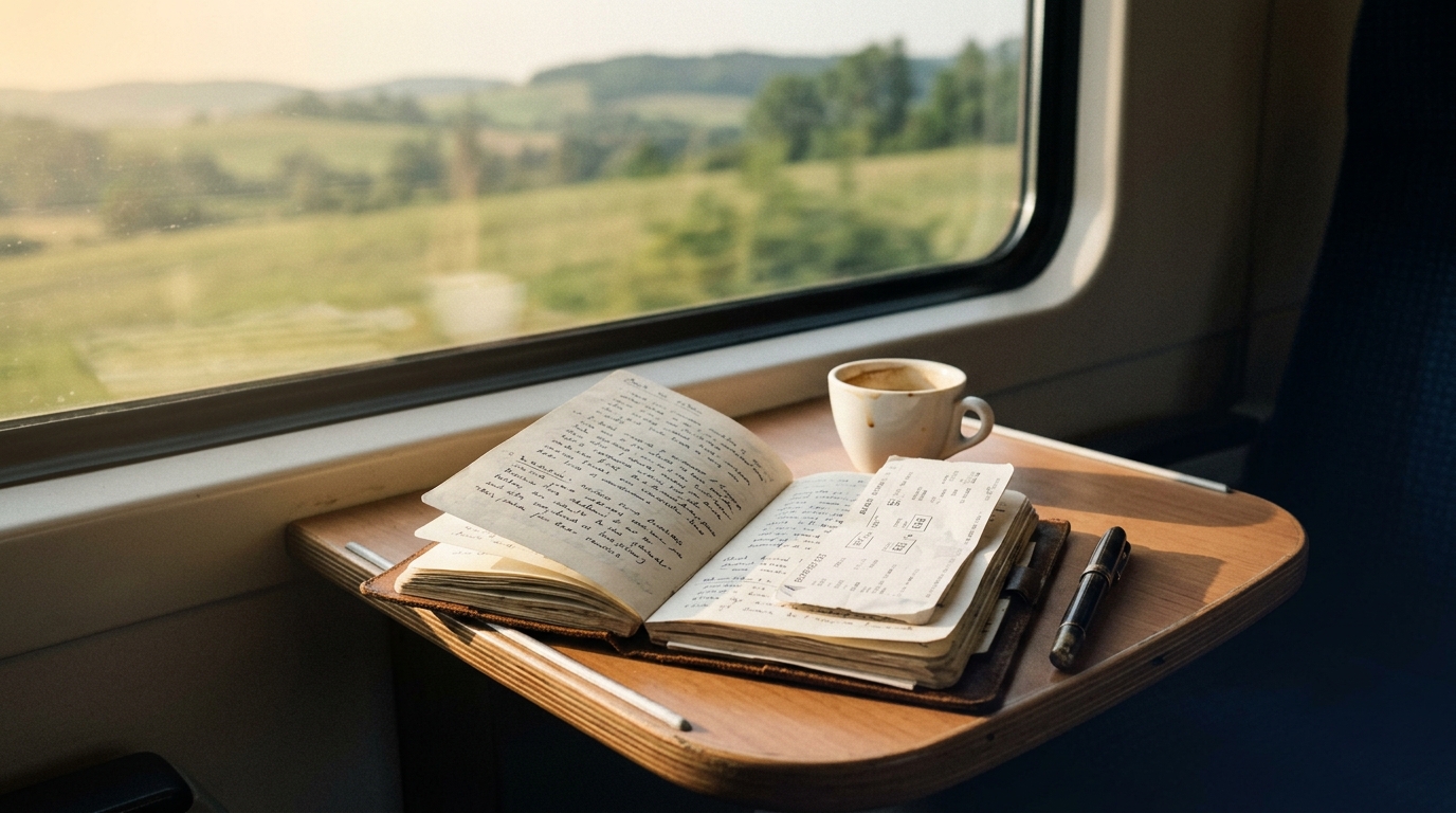 Open notebook, fountain pen, espresso cup and folded boarding pass on a train tray-table at golden hour, blurred landscape outside the window — the visual register of a long travel-writing career.