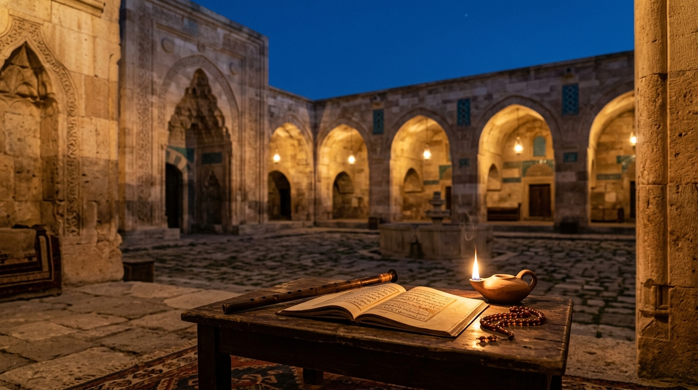 Reed flute and open Persian manuscript by lamplight in a stone caravanserai courtyard at dusk - rumi travel quotes