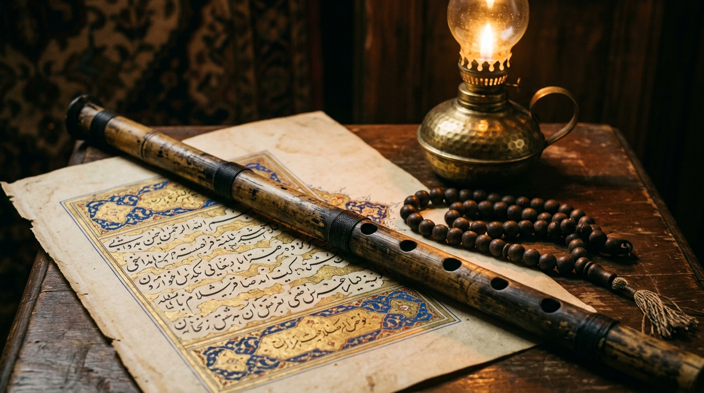 Reed flute resting on an illuminated Persian manuscript beside prayer beads and a brass lamp rumi travel quotes