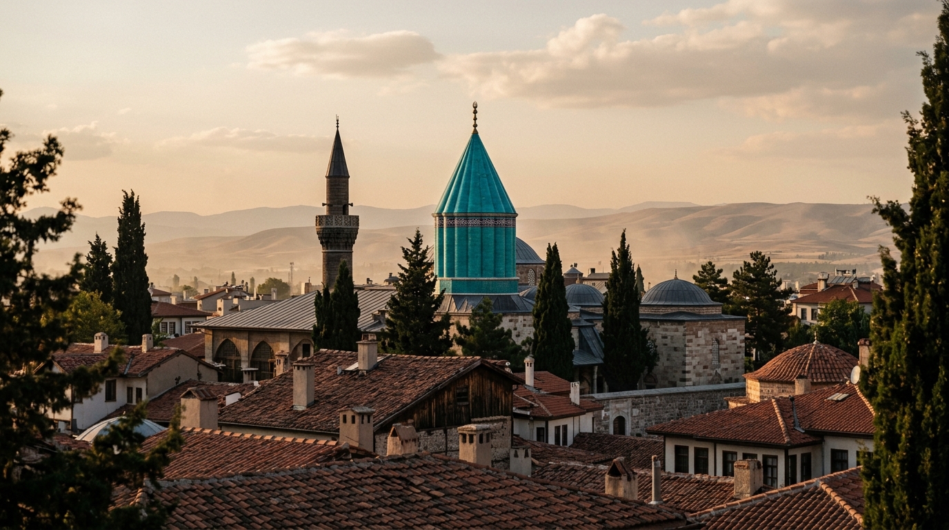 Turquoise tiled dome of the Mevlana shrine above the rooftops of Konya at golden hour rumi travel quotes
