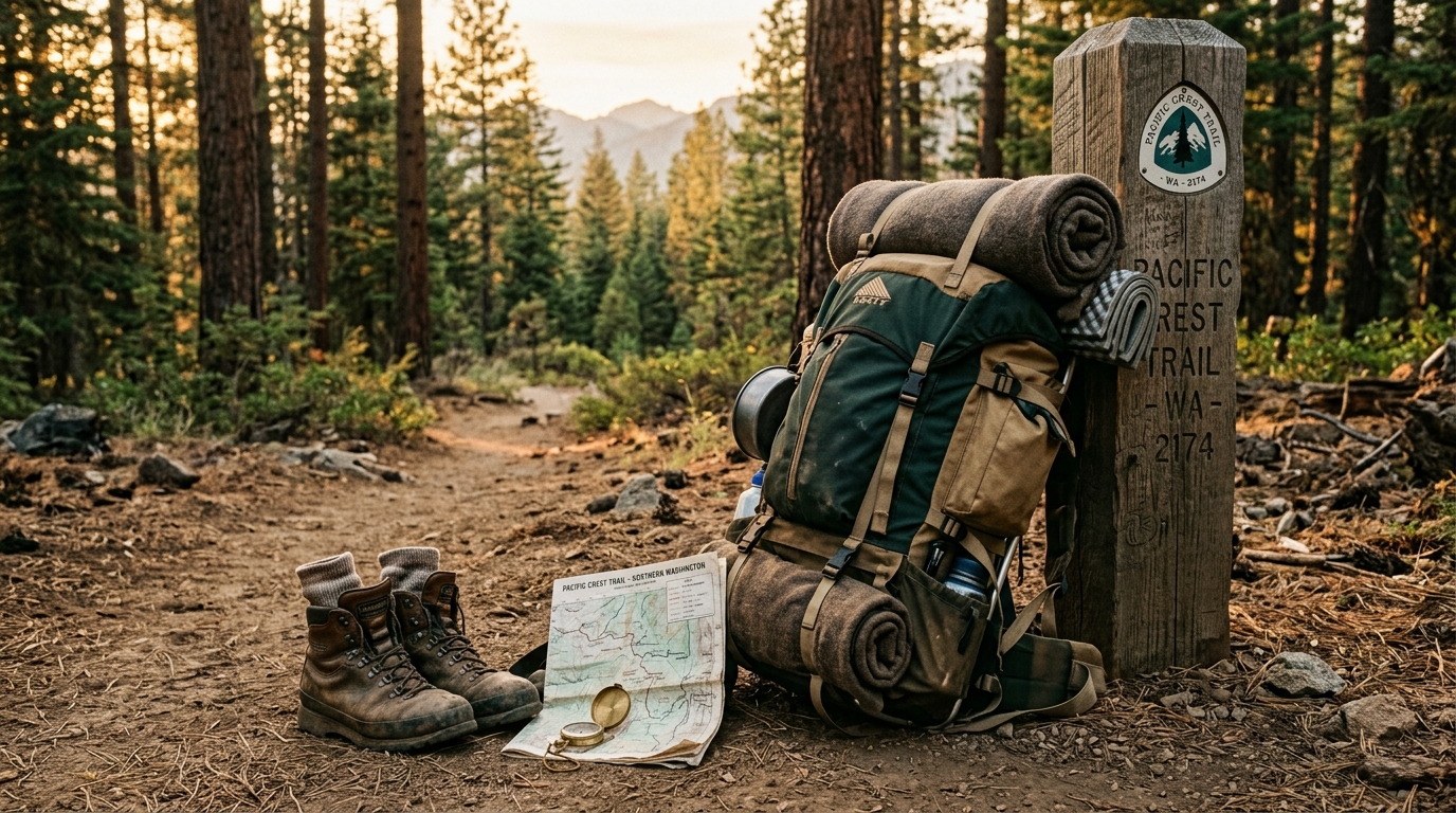 Overloaded backpack and worn hiking boots beside a Pacific Crest Trail marker on a pine-lined trail at golden hour
