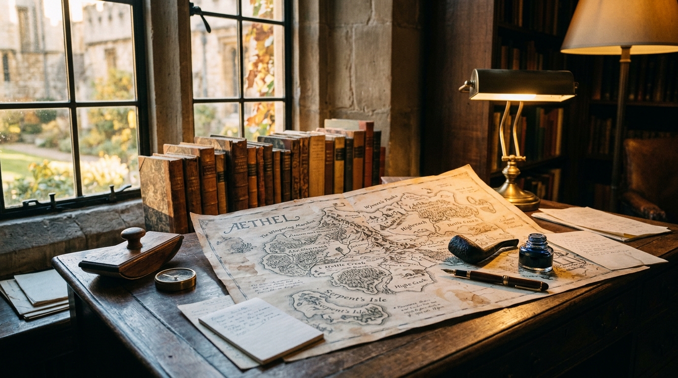 Writing desk with a hand-drawn map, pipe and leather-bound books in warm lamplight